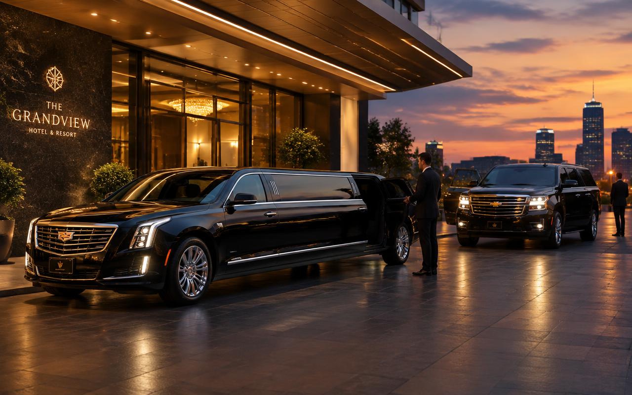 Black stretch limousine and SUV with chauffeur at a hotel entrance